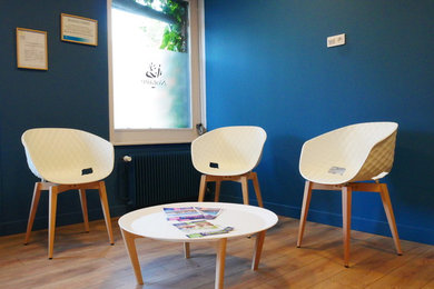 Diseño de distribuidor escandinavo de tamaño medio con paredes azules y suelo de madera en tonos medios