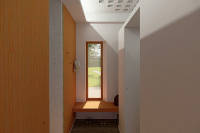 Ejemplo de vestíbulo pequeño con paredes blancas, puerta simple, puerta de madera clara, suelo gris, casetón y boiserie