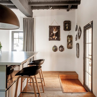 Exemple d'une porte d'entrée nature de taille moyenne avec un mur blanc, un sol en bois brun, une porte simple et une porte noire.