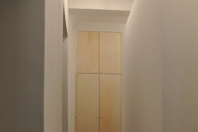 Aménagement d'une petite entrée contemporaine avec un couloir, un mur blanc, un sol en carrelage de céramique, une porte simple, une porte en bois foncé et un sol gris.