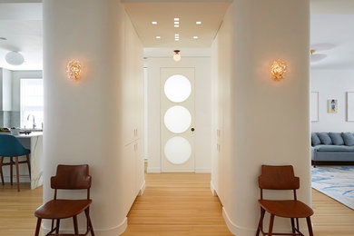 Пример оригинального дизайна: входная дверь среднего размера в стиле модернизм с белыми стенами, светлым паркетным полом, одностворчатой входной дверью и серой входной дверью