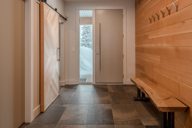 Idee per un ingresso minimal di medie dimensioni con pareti bianche, pavimento in gres porcellanato, una porta singola, una porta grigia e pavimento grigio