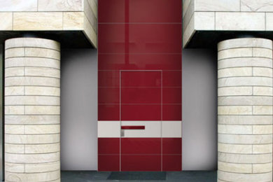 Modelo de entrada contemporánea grande con puerta simple y puerta roja