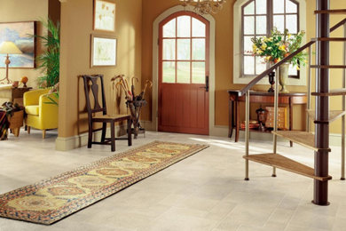 Entryway - mid-sized traditional vinyl floor entryway idea in Other with brown walls