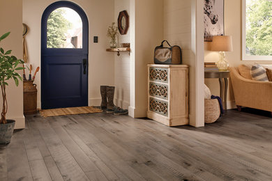 Example of a small farmhouse medium tone wood floor and brown floor entryway design in Tampa with beige walls and a black front door