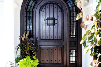 Cette image montre une très grande porte d'entrée design avec une porte simple et une porte en bois foncé.