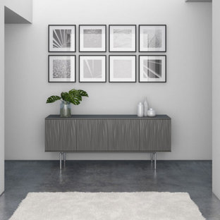 Inspiration pour un hall d'entrée minimaliste de taille moyenne avec un mur gris, sol en stratifié et un sol gris.