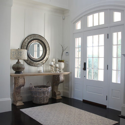 Single front door - coastal dark wood floor single front door idea in Boston with a white front door