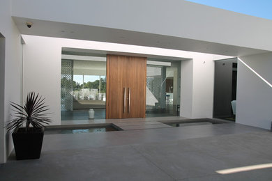 Modelo de puerta principal minimalista extra grande con paredes blancas, suelo de cemento, puerta doble y puerta de madera en tonos medios