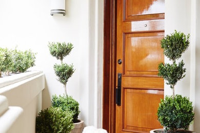 Foto de puerta principal mediterránea de tamaño medio con paredes beige, suelo de baldosas de terracota, puerta simple, puerta de madera en tonos medios y suelo marrón