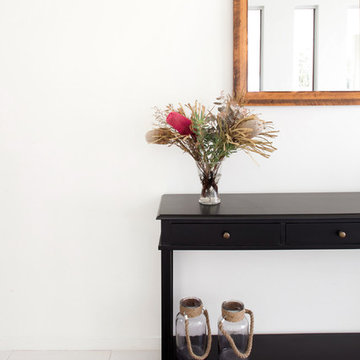 Black Console Table & Flat Weave Rug for Hall