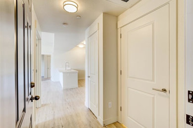 Diseño de hall contemporáneo de tamaño medio con paredes beige, suelo vinílico, puerta simple, puerta blanca y suelo beige