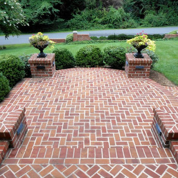 Brick Herringbone Front Entrance w Posts and Walkway