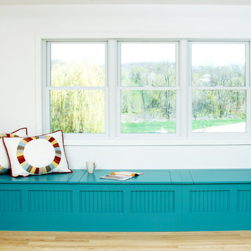 Bright Aqua Blue Cottage Kitchen Window Nook and Dining Room Boot Bench