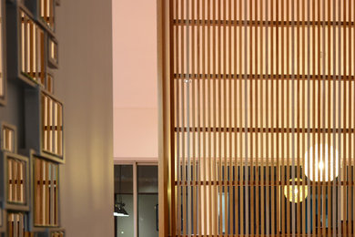 Modelo de hall actual de tamaño medio con paredes blancas, suelo de madera en tonos medios, puerta pivotante y puerta de madera en tonos medios