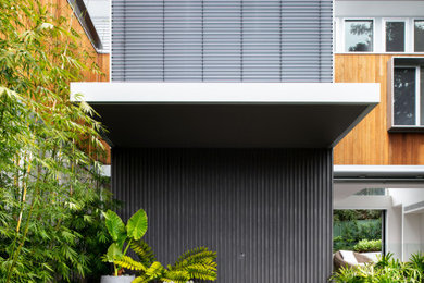 Inspiration för stora moderna entréer, med grå väggar