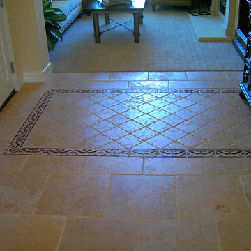 Chiseled Edge Travertine Tile with Custom Entry Inset Floor Design