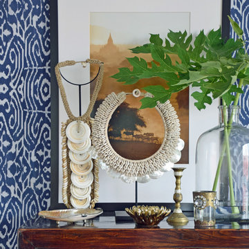 Close up of global entryway styling by Anserai/Elly MacDonald Design