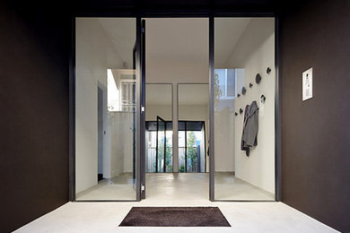 Ejemplo de puerta principal contemporánea grande con paredes marrones, suelo de cemento, puerta pivotante y puerta de vidrio