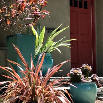 Colorful entry planters complement the front door.