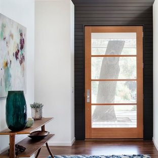 Exempel på en modern hall, med vita väggar, mörkt trägolv, en enkeldörr och glasdörr
