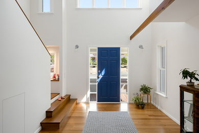 Foto di un ingresso minimal con pareti bianche, pavimento in legno massello medio, una porta singola e una porta blu