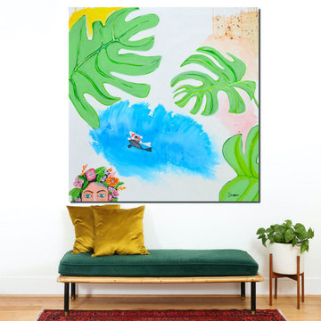 contemporary figurative painting- Monstera leaf with fish