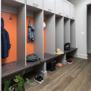 Idee per un ingresso con anticamera contemporaneo con pareti grigie e parquet scuro