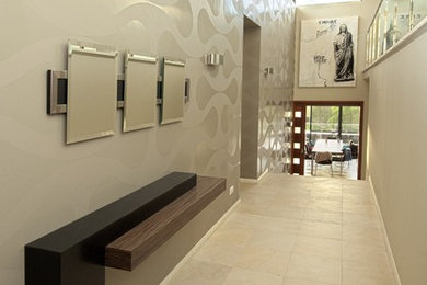 Foto de hall contemporáneo de tamaño medio con paredes beige, suelo de baldosas de cerámica, puerta simple, puerta de madera en tonos medios y suelo beige