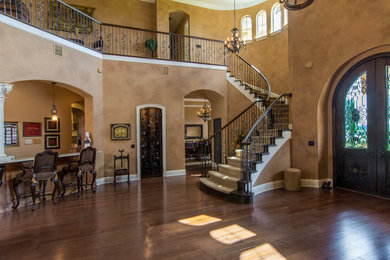 Inspiration for a large timeless brown floor and dark wood floor entryway remodel in Tampa with brown walls and a dark wood front door