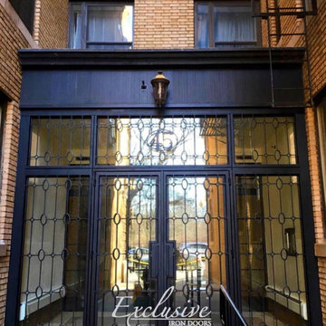 Custom project NY iron double door with sidelights and transom