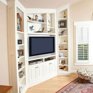 Custom White Bookcases and Media Cabinet