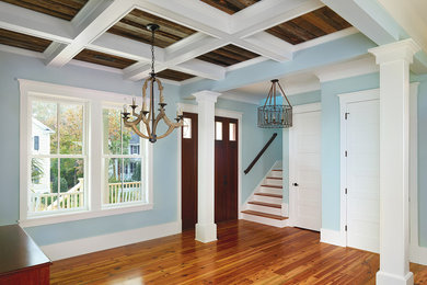 Large beach style dark wood floor and brown floor entryway photo in Charleston with blue walls and a dark wood front door