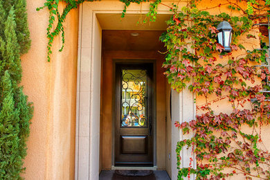 Large tuscan entryway photo in Orange County with orange walls and a dark wood front door