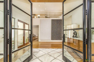 Design ideas for a large modern foyer in San Diego with white walls, light hardwood flooring, a double front door, a metal front door and brown floors.