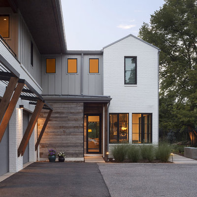 Entryway - cottage gray floor entryway idea in Denver with white walls and a glass front door