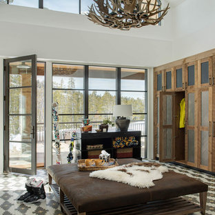 Idee per un ingresso con anticamera rustico con pareti bianche, una porta singola, una porta in vetro, pavimento multicolore e soffitto a volta