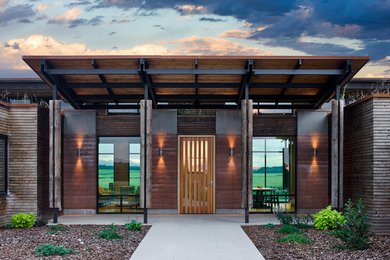 This is an example of a contemporary front door in Other with a medium wood front door and a pivot front door.