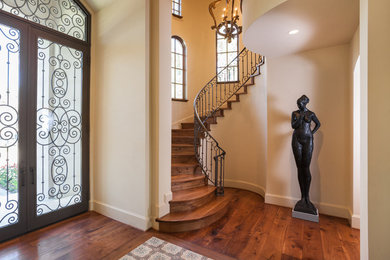Example of a large classic medium tone wood floor entryway design in Houston with beige walls and a metal front door