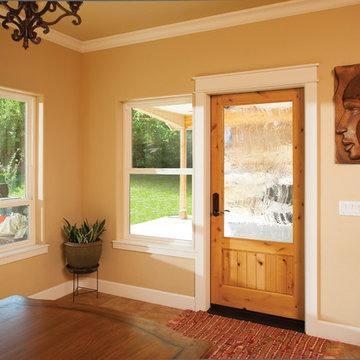 Entry Doors - Decorative exterior door with wood cut finish and large decorative