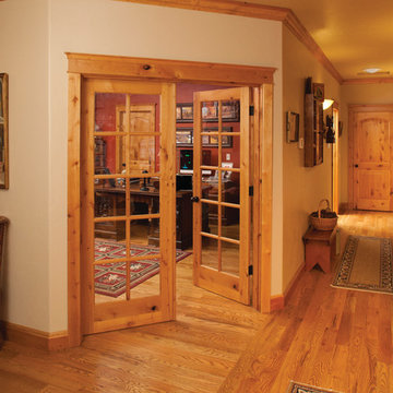 Entry Doors - Wooden double with hinged design glass windows