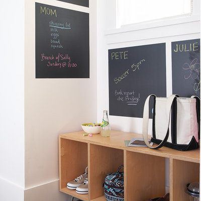 Mudroom - large transitional dark wood floor mudroom idea in San Francisco with white walls