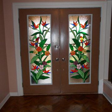 entry way of two decorative glass panels for front doors