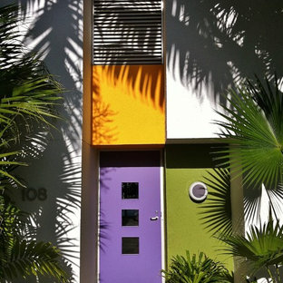 Foto di un ingresso o corridoio contemporaneo con una porta viola