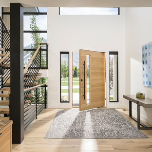 Ispirazione per un'ampia porta d'ingresso contemporanea con pareti bianche, parquet chiaro, una porta singola, una porta in legno chiaro e pavimento beige