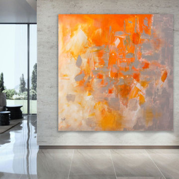 Explode- 48x48 inch Original Large Modern abstract orange Painting MADE TO ORDER