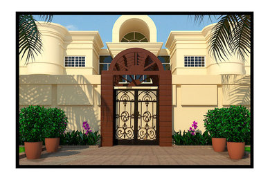 Imagen de puerta principal exótica grande con paredes beige, suelo de mármol, puerta doble y puerta blanca
