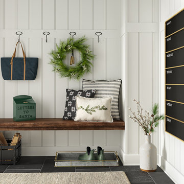 Festive Farmhouse Mudroom with Green Accent Décor Collection