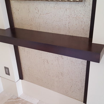 foyer bench and floating shelves