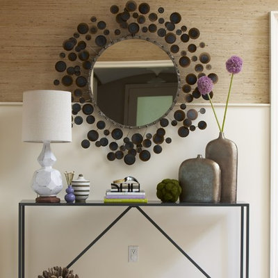Foyer - contemporary ceramic tile foyer idea in Boston with beige walls